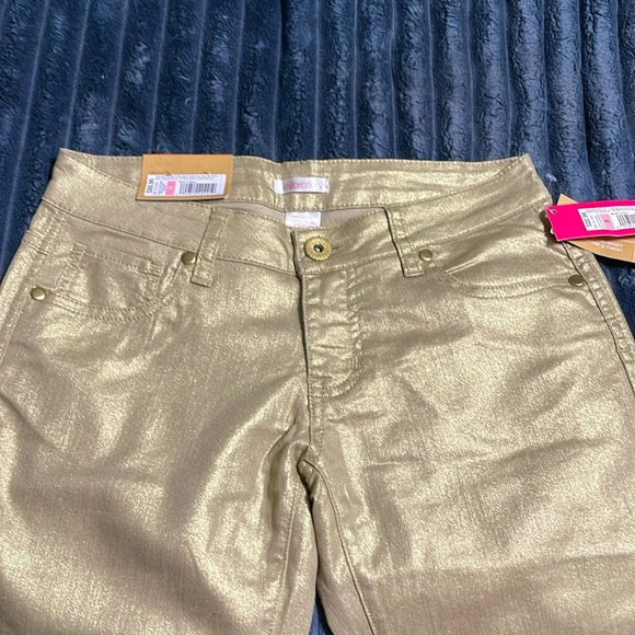 Xhilaration NWT metallic gold sparkle lower waist skinny jeans size 3 - Picture 2 of 6